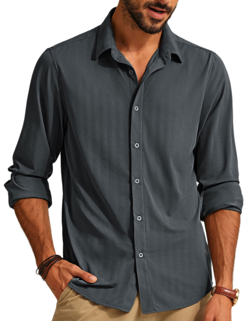 PJ PAUL JONES Camisa de Vestir para Hombres, de Manga Larga y Botones, Camisa Cómoda de Espiga para Negocios en Color Gris