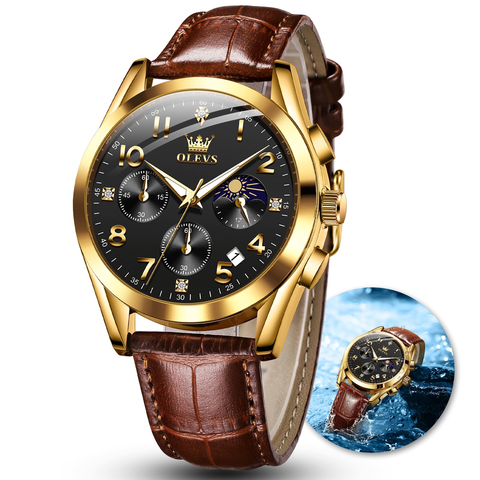 OLEVS Relojes para Hombres con Correa de Cuero, Fecha Automática, Cronógrafo de Cuarzo con Esfera Negra y Dorada, Impermeable, Clásico, con Diamantes y Números Árabes, Reloj de Pulsera para Hombre