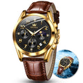 OLEVS Relojes para Hombres con Correa de Cuero, Fecha Automática, Cronógrafo de Cuarzo con Esfera Negra y Dorada, Impermeable, Clásico, con Diamantes y Números Árabes, Reloj de Pulsera para Hombre